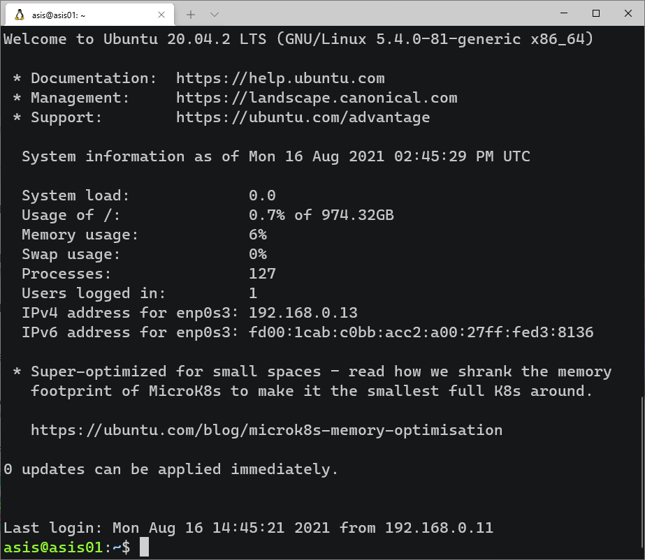 Windows Terminal 下的 SSH 連接成功畫面