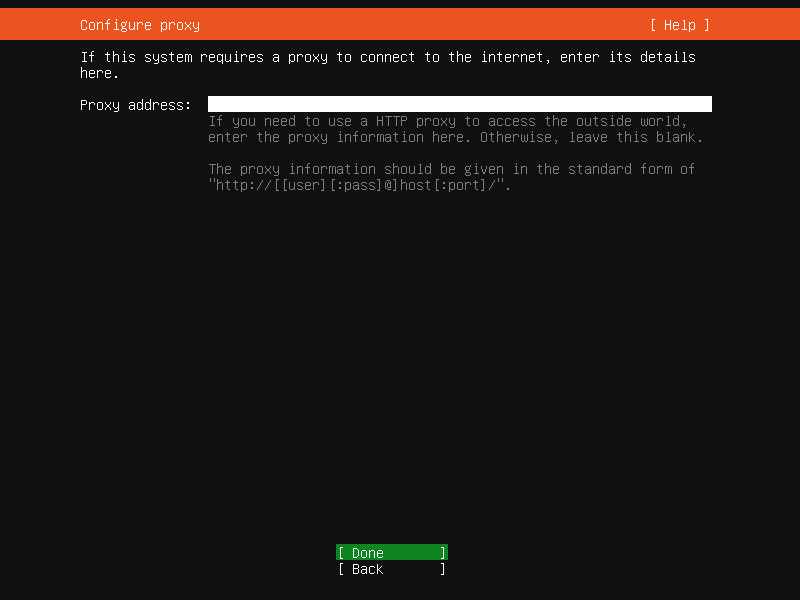Ubuntu 安裝畫面，proxy 設定