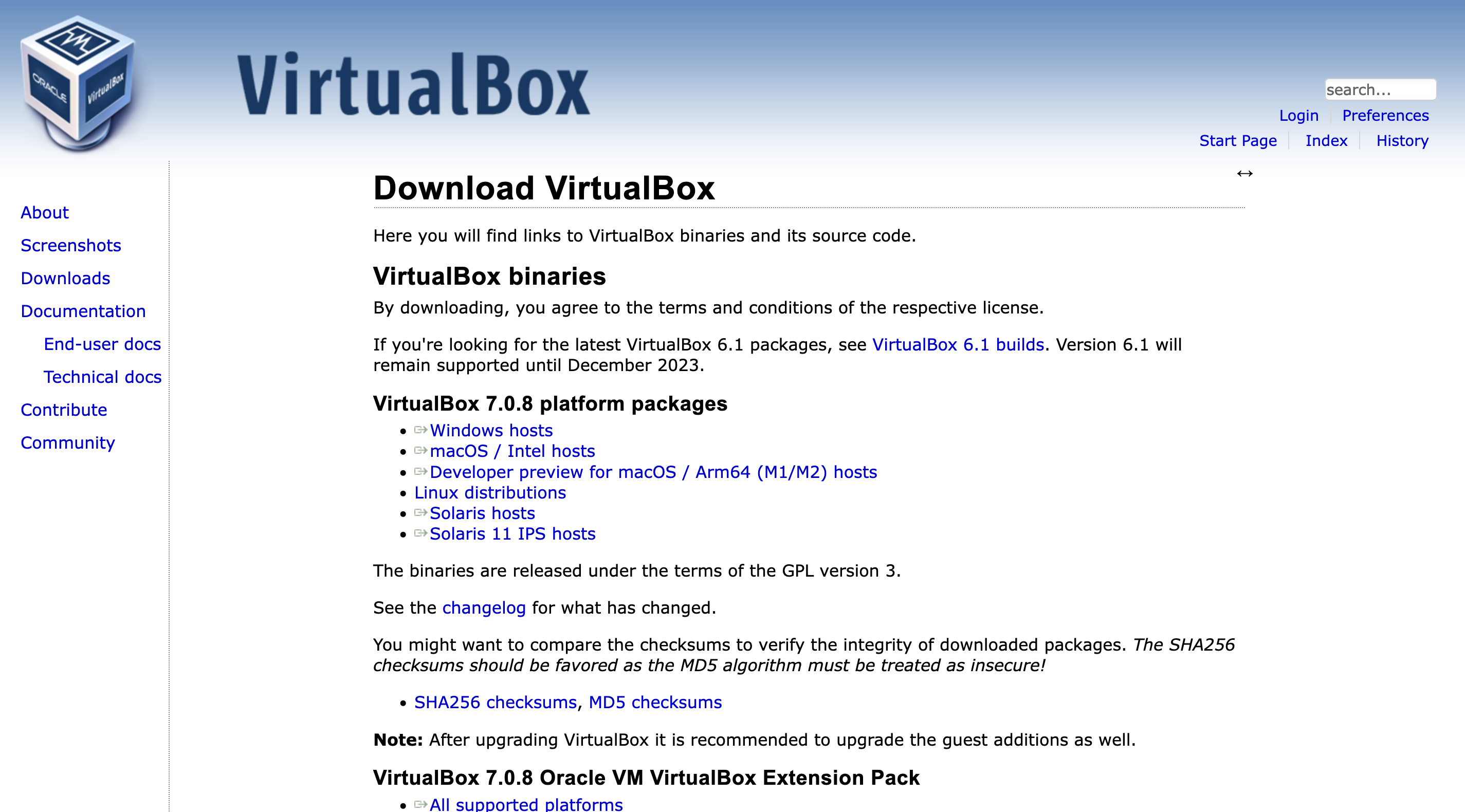 www.virtualbox.org 的下載頁面